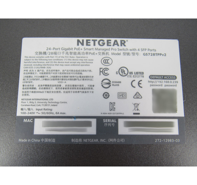 Netgear ProSafe GS728TPPv2 24 Port PoE+ Switch with Ears