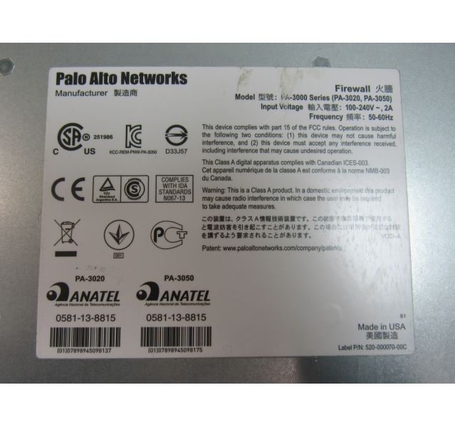 Palo Alto PA-3020 Firewall Security Appliance W/Ears